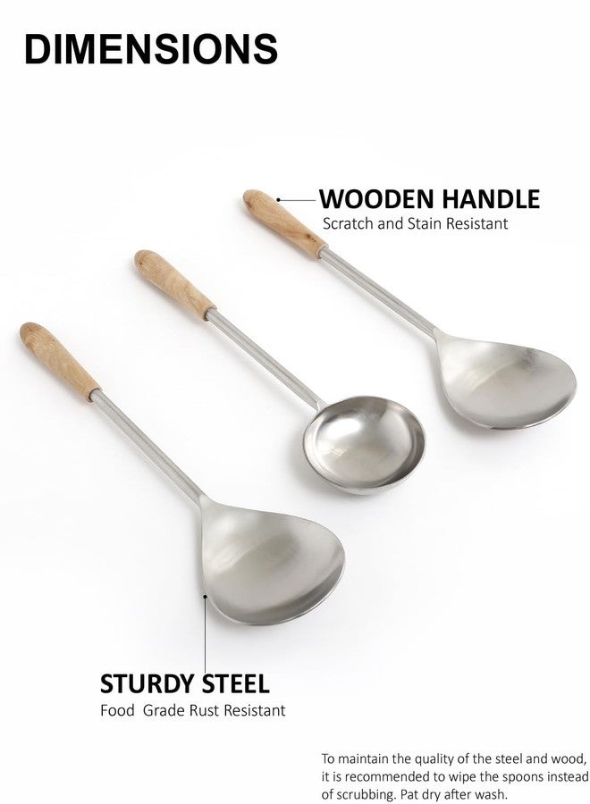 VarEesha Hand Crafted Wooden Handles Matt Steel Serving Spoons Set of Three | Elegant Lead Free Stainless Steel Server Set for Dinner| Serving Spoons for Dining Table| Cutlery for Gifting - Image 5
